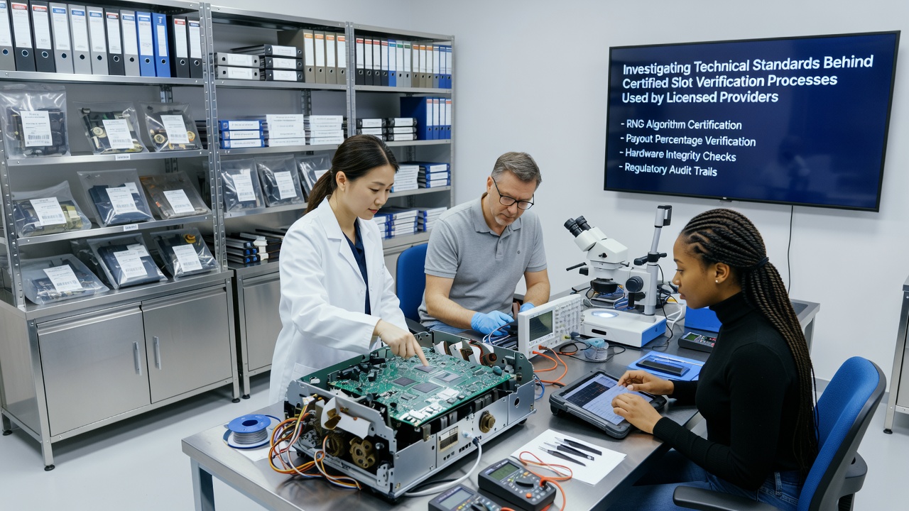 Laboratory technicians conducting RNG and payout verification tests on certified slot systems