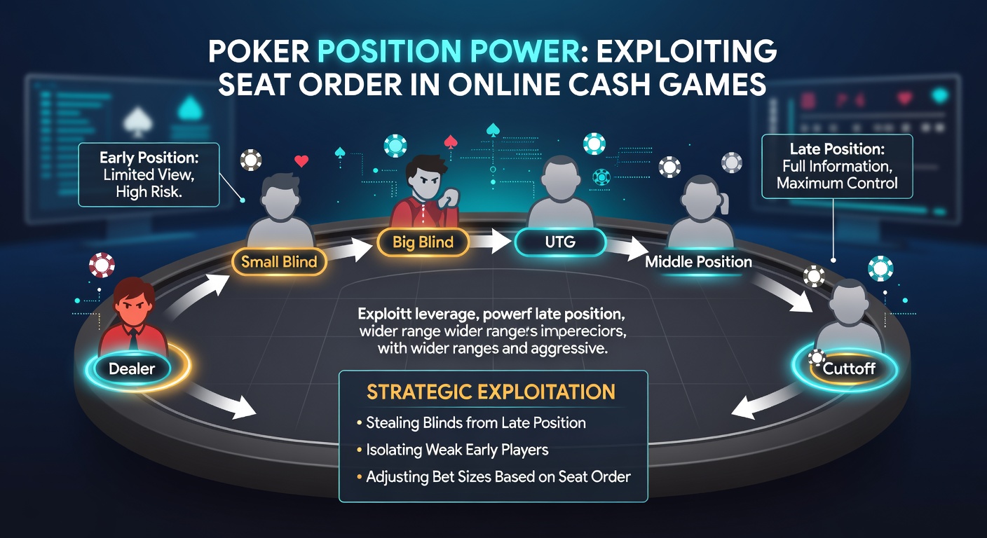 Strategic diagram of poker positions in Texas Hold'em cash games, showing range advantages from blinds to button