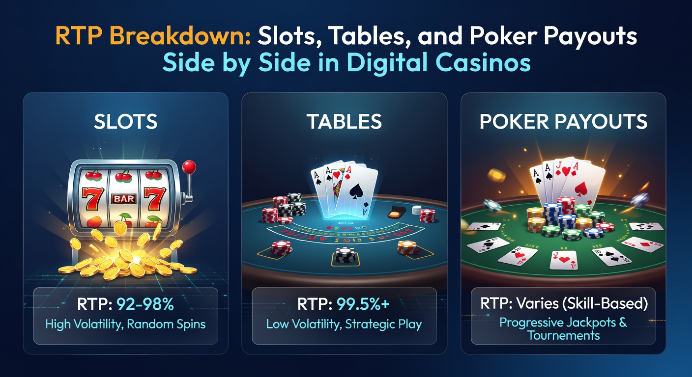 Side-by-side comparison chart of RTP percentages for slots, blackjack, roulette, and poker hands in an online casino dashboard