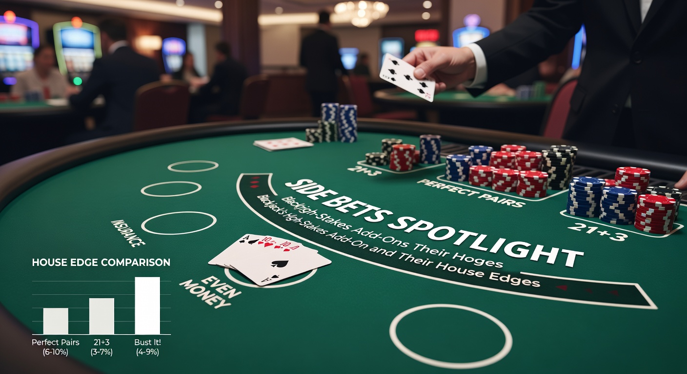 Digital blackjack interface on a screen showing multiple side bet windows active, with payouts listed for 21+3 and Perfect Pairs during a live dealer session