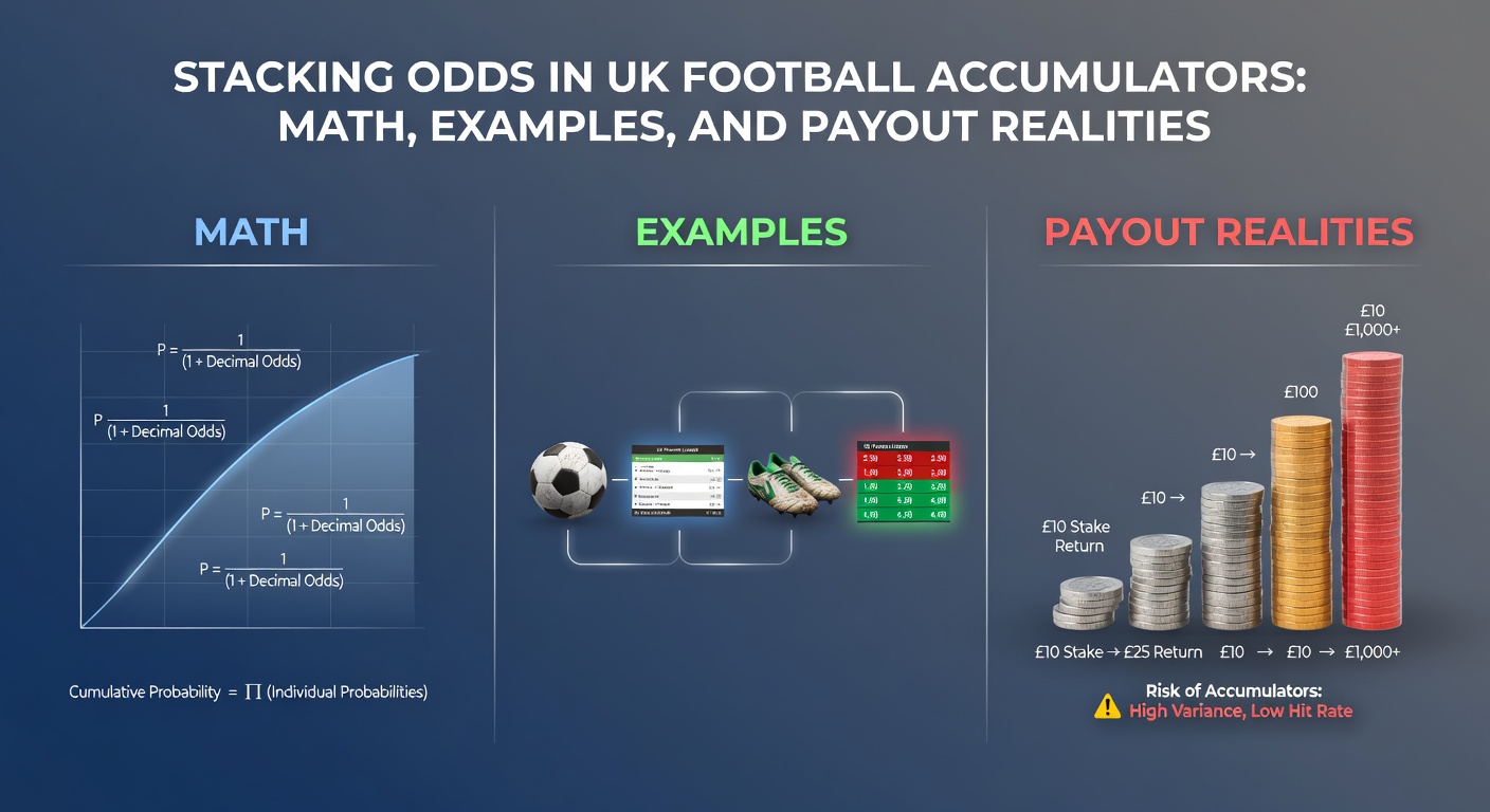 Infographic illustrating a sample UK football accumulator with odds multiplication, probabilities, and potential payouts