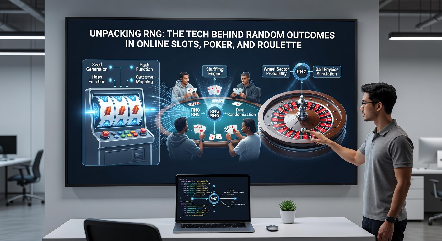 Close-up illustration of RNG code executing in real-time for poker hands, slot reels, and roulette outcomes on a digital casino interface
